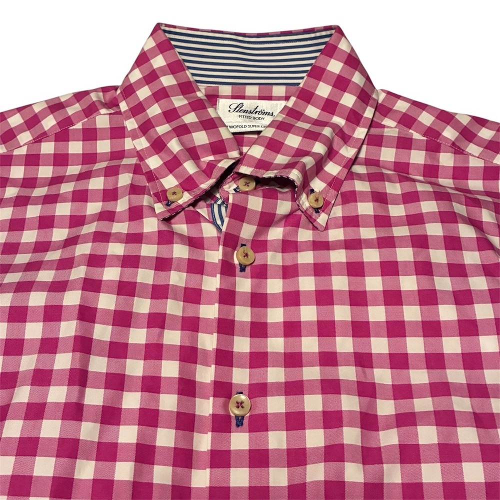 Stenstroms Fitted Body Pink Gingham Dress Shirt Twofold Super Cotton 15.75 40